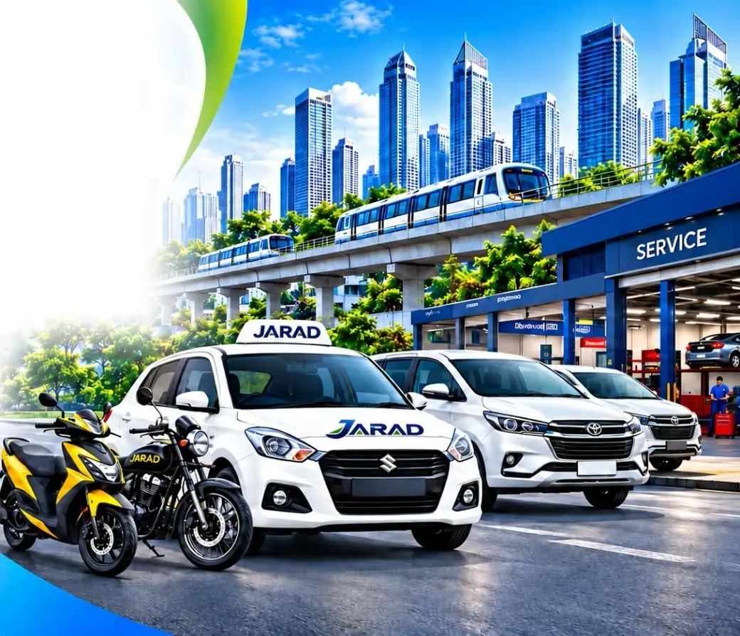 JARAD white taxis, a scooter and a motorcycle in front of a multi-brand service centre, with a metro line and the city skyline behind